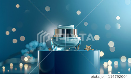 Cosmetic cream in a glass jar on a blue backdrop. Skin care concept. Background for beauty products 114792004