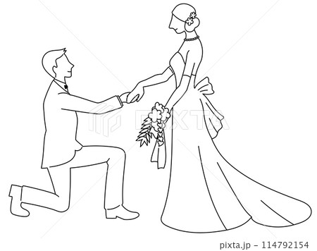 ひざまずいて花嫁の手を取る花婿の線画 ひざまずいて花嫁の手を取る花婿の線画 114792154