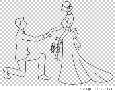 ひざまずいて花嫁の手を取る花婿の線画 ひざまずいて花嫁の手を取る花婿の線画 114792154
