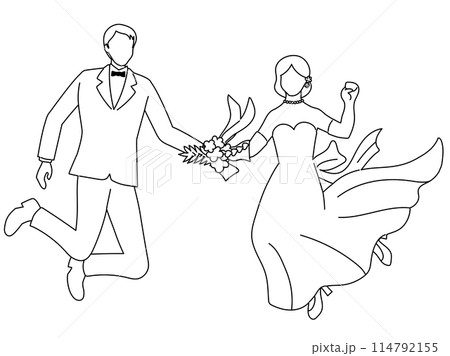 手と手を取り合ってジャンプする花嫁と花婿の線画 手と手を取り合ってジャンプする花嫁と花婿の線画 114792155