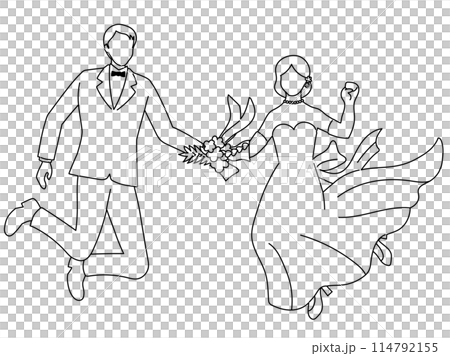 手と手を取り合ってジャンプする花嫁と花婿の線画 手と手を取り合ってジャンプする花嫁と花婿の線画 114792155