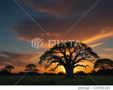 夕日とバオバブの木 夕日とバオバブの木 114792291