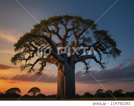 夕日とバオバブの木 夕日とバオバブの木 114792292