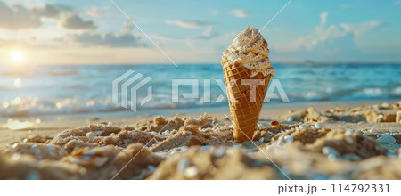 ice cream cone in the sand on a blurred background of the beach and sea 114792331