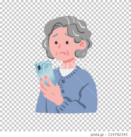 Grandma looking at her smartphone with a troubled expression 114792345