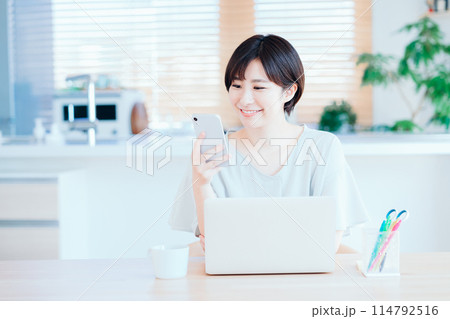 リビングでテレワークをする主婦。 リビングでテレワークをする主婦。 114792516