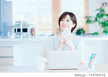 リビングでテレワークをする主婦。 114792518