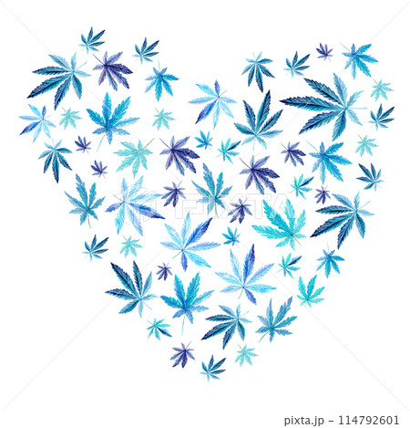 Green, blue mint cannabis heart on white background,green leaves Hand drawn watercolor illustration, medicine herb plant 114792601