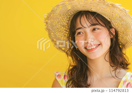 麦わら帽子をかぶった笑顔の日本人女性（ハッピー・夏・休暇・おでかけ