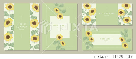 ひまわり ヒマワリ 夏 sunflower 素材セット フレーム 背景 ベクターイラスト シンプル  114793135