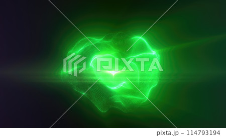 Green energy magic sphere round high-tech digital ball core of light rays waves lines and energy particles. Abstract background 114793194