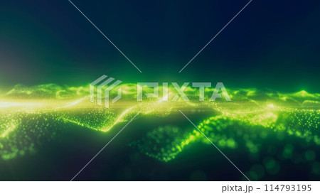 Green energy glowing magic waves high tech digital iridescent with light rays lines and bokeh energy particles. Abstract background 114793195