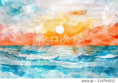 夏の太陽と海の水彩画（背景・暑中見舞い・壁紙）のイラスト素材