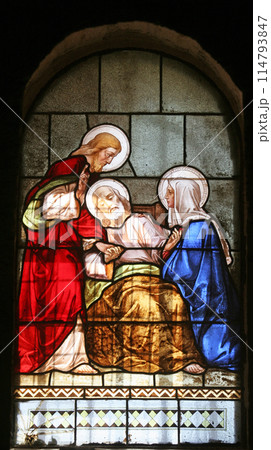 Death of Saint Joseph, stained glass window in the church of Saint Joseph in Nazareth Death of Saint Joseph, stained glass window in the church of Saint Joseph in Nazareth 114793847