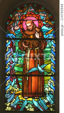 Saint Francis of Assisi, stained glass window in the church of Saint Joseph in Nazareth Saint Francis of Assisi, stained glass window in the church of Saint Joseph in Nazareth 114793848