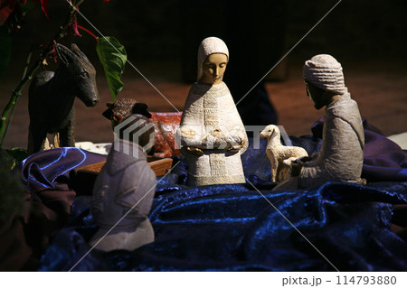 Christmas nativity scene at the Church of the Multiplication of Loaves and Fishes, Sea of Galilee, Tabgha, Israel 114793880