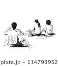 Sketch of the girls group sit alone the beach in summer season  114793952
