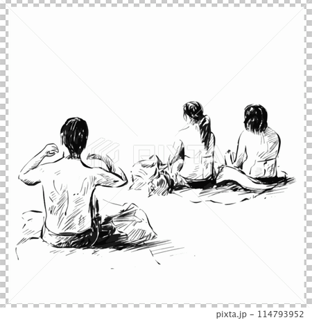 Sketch of the girls group sit alone the beach in summer season Sketch of the girls group sit alone the beach in summer season 114793952