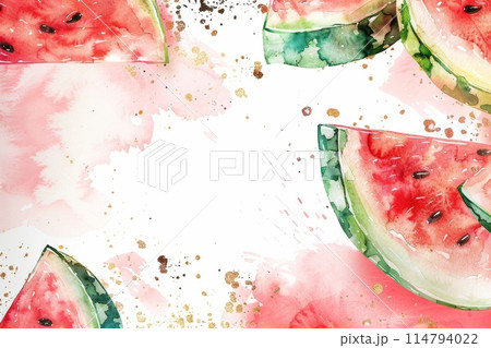 夏のスイカのフレームの水彩画（背景・暑中見舞い・壁紙）	 114794022