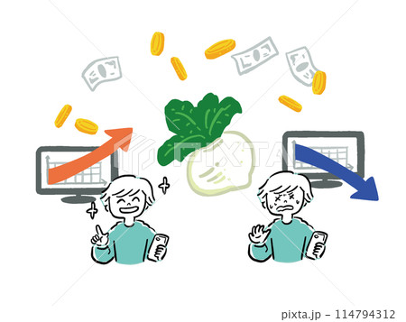 株(カブ)と男性 上昇と下降の手描き風イラストセット手描き風イラストセット 株(カブ)と男性 上昇と下降の手描き風イラストセット手描き風イラストセット 114794312