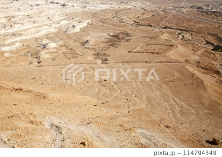 Waterless landscape of the Judea desert, view from Masada, Israel 114794349