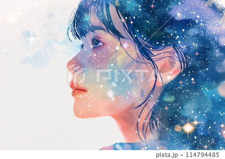 星空と日本の子供の顔の絵本イラスト（星の海・淡い水彩・明るい色彩） 114794485