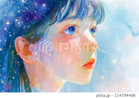 星空と日本の子供の顔の絵本イラスト（星の海・淡い水彩・明るい色彩） 114794486