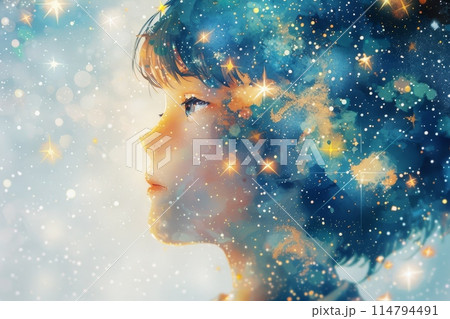 星空と日本の子供の顔の絵本イラスト(星の海・淡い水彩・明るい色彩) 星空と日本の子供の顔の絵本イラスト(星の海・淡い水彩・明るい色彩) 114794491