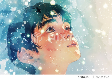 星空と日本の子供の顔の絵本イラスト(星の海・淡い水彩・明るい色彩) 星空と日本の子供の顔の絵本イラスト(星の海・淡い水彩・明るい色彩) 114794492