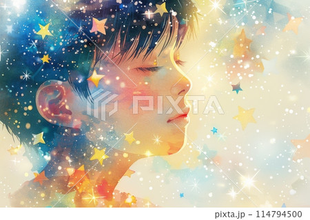 星空と日本の子供の顔の絵本イラスト(星の海・淡い水彩・明るい色彩) 星空と日本の子供の顔の絵本イラスト(星の海・淡い水彩・明るい色彩) 114794500