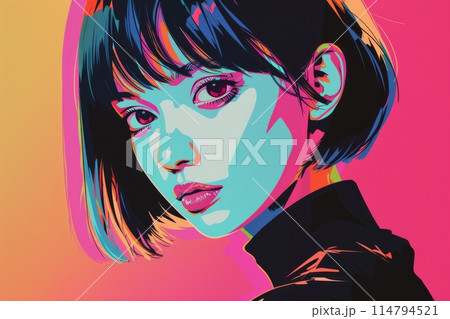 ポップカルチャー風のボブヘアの東京の女の子（ストリートファッション・デジタルアート・原宿・渋谷）	 114794521