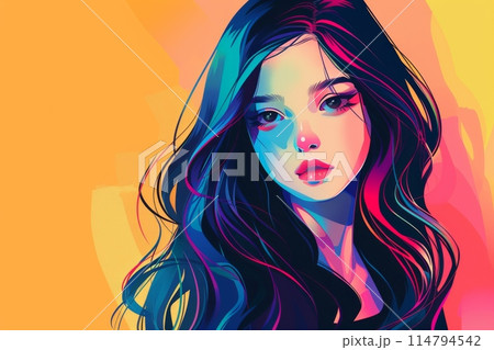 ポップカルチャー風のロングヘアの東京の女の子(ストリートファッション・デジタルアート・原宿・渋谷) ポップカルチャー風のロングヘアの東京の女の子(ストリートファッション・デジタルアート・原宿・渋谷) 114794542