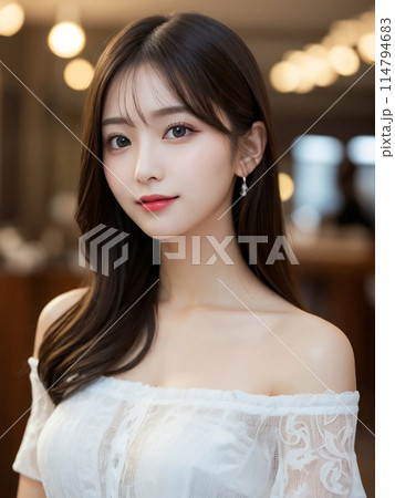 カフェで優しく微笑むロングヘアの女性 カフェで優しく微笑むロングヘアの女性 114794683