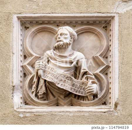 Biblical story, tile relief, external wall of Orsanmichele Church in Florence, Tuscany, Italy Biblical story, tile relief, external wall of Orsanmichele Church in Florence, Tuscany, Italy 114794819