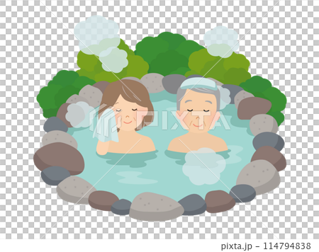 一對年長夫婦泡溫泉的向量圖 114794838