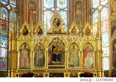 Madonna with the Child and the four Doctors of the Church - Polyptych of the high altar in the Basilica di Santa Croce (Basilica of the Holy Cross) - famous Franciscan church in Florence, Italy 114794880