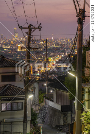 東大阪から見える大阪市街の夕景 114795031