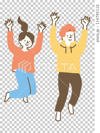 男人和女人帶著 Joy_color 跳躍 男人和女人帶著 Joy_color 跳躍 114795118