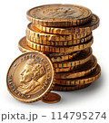 Isolated of stacked gold coins in neat piles 114795274