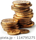 Isolated of stacked gold coins in neat piles 114795275