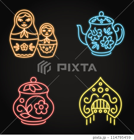 Russian folk crafts neon icon set 114795459