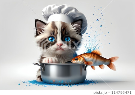 Cute cat chef preparing fish in the kitchen 114795471