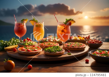 cold cocktails on the table and snacks, on the seashore in the evening 114795481