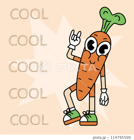 Retro cartoon sticker with funny comic carrot character, gloved hands. Hand drawn doodles of comic groovy character. Vintage vector. Retro cartoon sticker with funny comic carrot character, gloved hands. Hand drawn doodles of comic groovy character. Vintage vector. 114795509