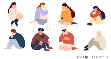 Collection of teens in stressful situations or teenager's psychological problems. Stressed unhappy crying teenagers in depression. Upset tired young people. Flat graphic 114795524