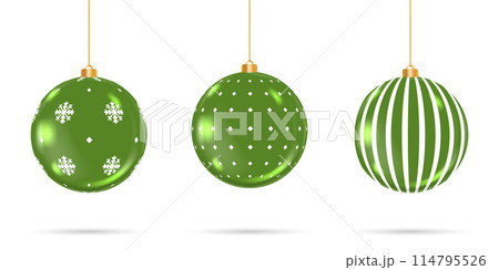 Christmas green balls. Xmas glass ball on white background. Holiday decoration template.. Collection different Christmas ball template. New year toy decoration 114795526