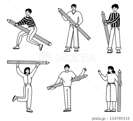 Various people with a giant pencils. Young person holding pencil. Cute funny isolated characters. Cartoon style. Various people with a large Pencil. 114795533