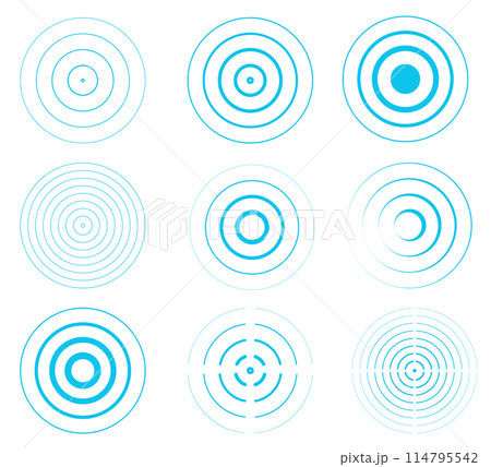 Radar vector icons. Signal concentric circles. Dotted sonar or sound wave rings collection. Digital radar circle network futuristic design. Radar vector icons. Signal concentric circles. Dotted sonar or sound wave rings collection. Digital radar circle network futuristic design. 114795542