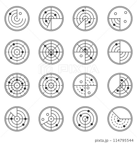 Radar icons. Set of Radar screen icons. Signal concentric circles. Sonar sound waves isolated on white background. 114795544