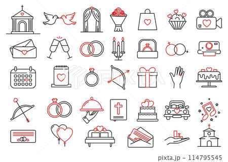 Wedding, marrying, ceremony line icons. Minimalist thin linear web icons bundle. Wedding Editable Stroke Line Icons 114795545